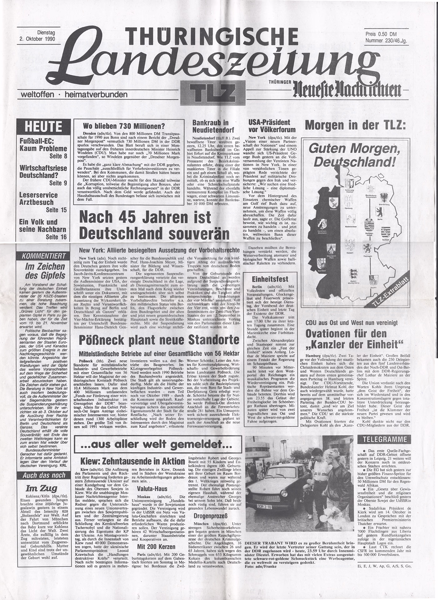 Tageszeitung Thüringische Landeszeitung vom 2. Oktober 1990 Tageszeitung Thüringische Landeszeitung vom 2. Oktober 1990
